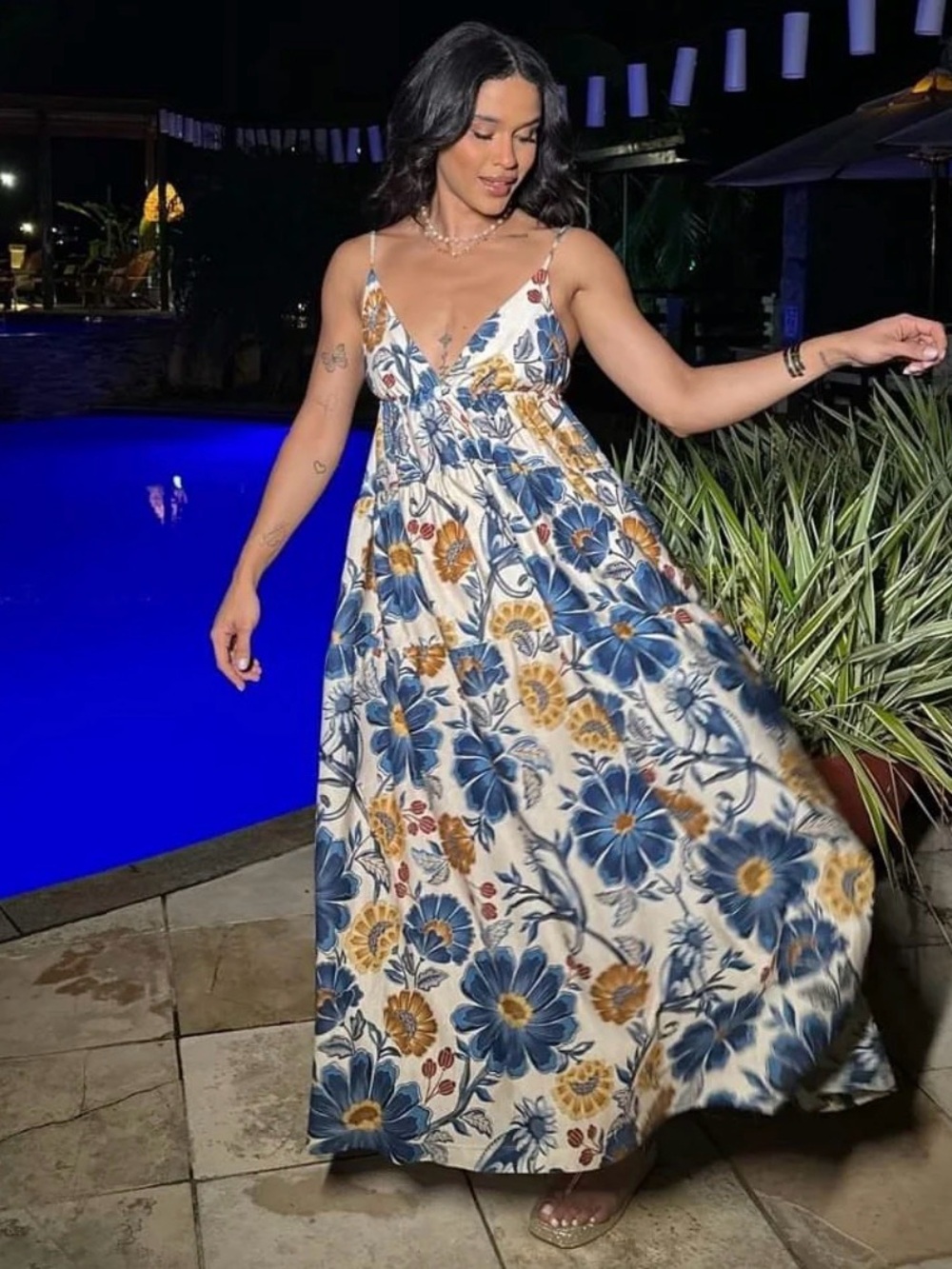 FARM Rio Blue, White & Yellow Floral Maxi Dress